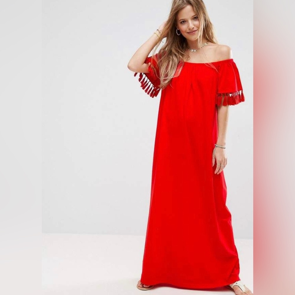 ASOS Vibrant Red Off-Shoulder Tassel Maxi Dress